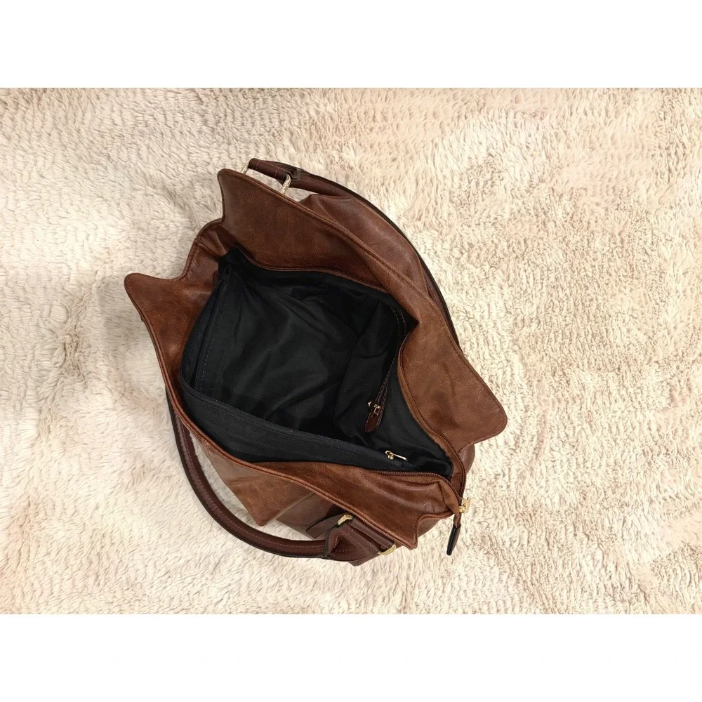 Distressed Cognac Brown Vegan Leather Slouchy Hobo Shoulder Bag Gold Zips‎